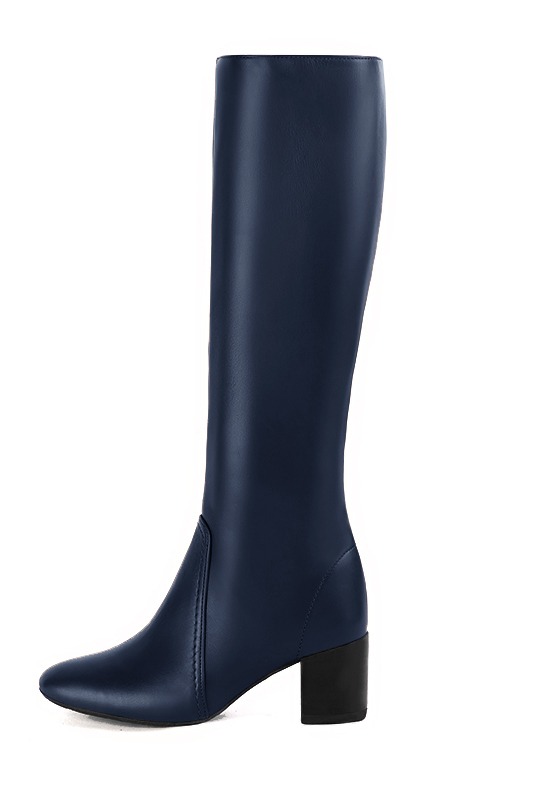 Navy blue women's feminine knee-high boots. Round toe. Medium block heels. Made to measure. Profile view - Florence KOOIJMAN